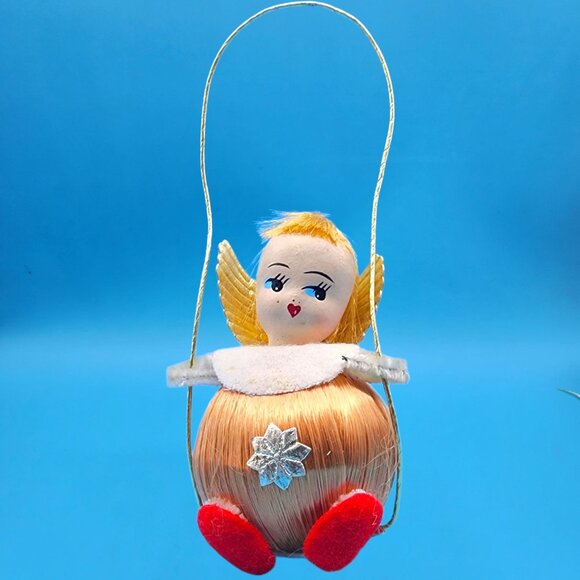 Vintage 1960s Pink Satin Ball Angel Ornament Foil Wings Spun Cotton Composite v2 - Picture 3 of 8